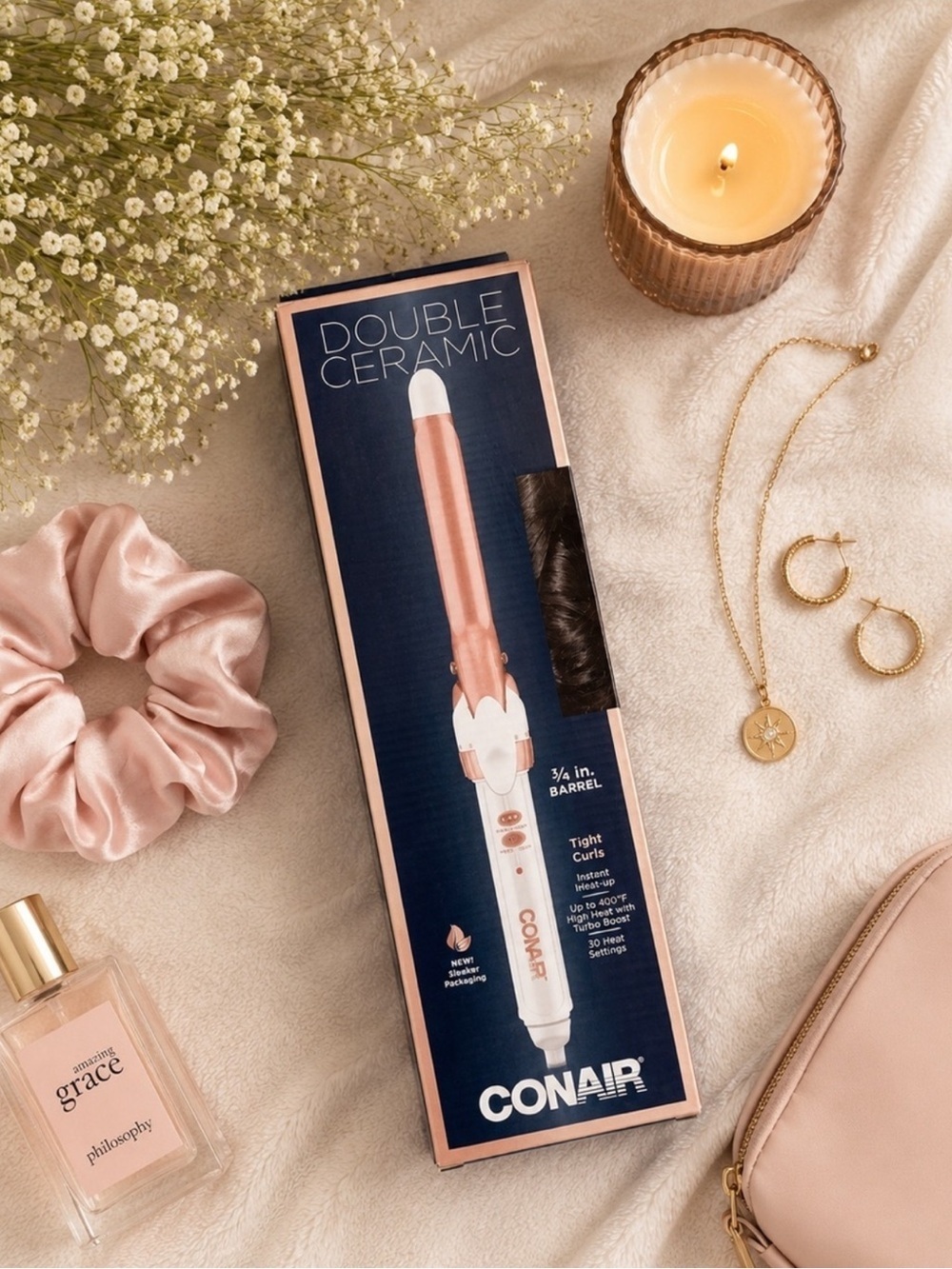 New in Box Conair 3/4 Inch Barrel Double Ceramic Curling Iron Rose Gold & White